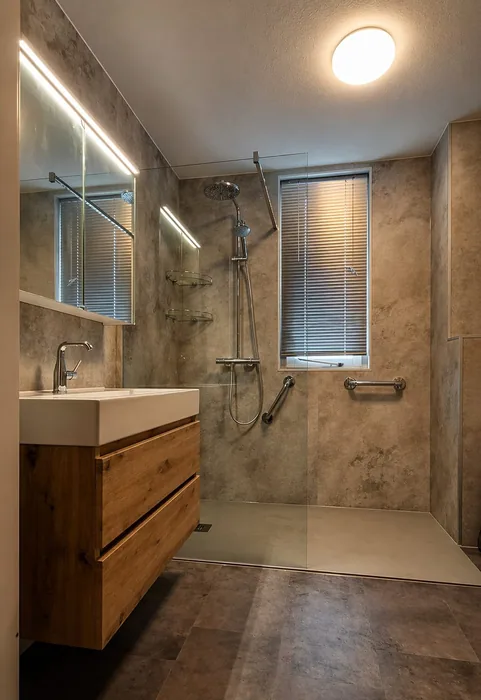 Complete badkamer met drempelloze douche Badkamer met eiken wastafelmeubel, spiegelkast, drempelloze inloopdouche met steunbeugels en steenlook panelen