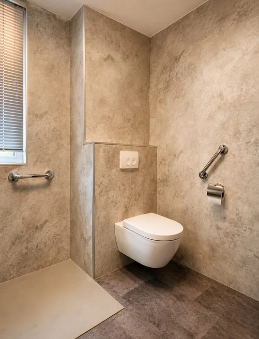 Hangtoilet met steunbeugels Wit hangtoilet met steunbeugels en toiletrolhouder tegen steenlook wandpanelen naast drempelloze douche