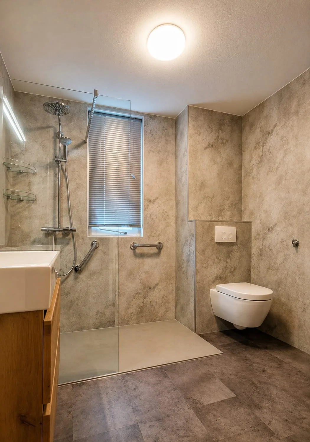 Veilige badkamer met inloopdouche en steunbeugels Seniorvriendelijke badkamer met drempelloze inloopdouche, steunbeugels, hangtoilet en steenlook wandpanelen